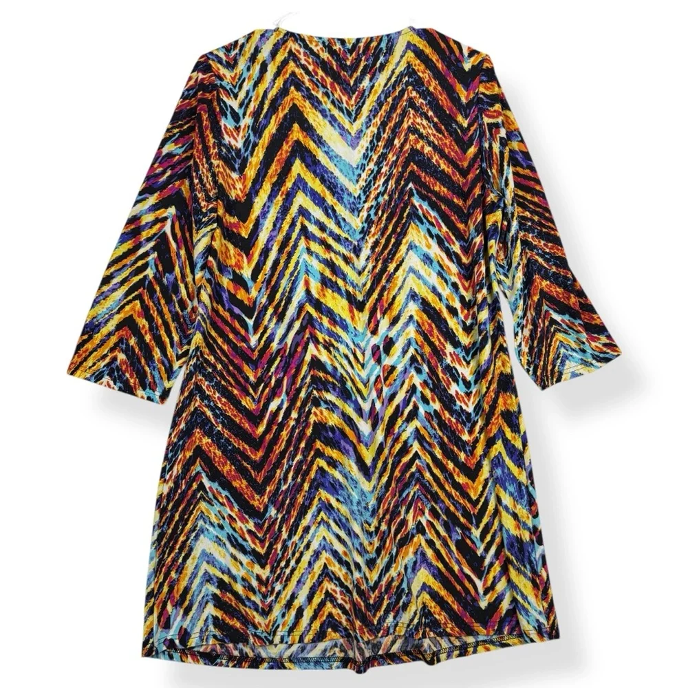Mechant Dress Womens L Large Multicolor Zig Zag 3/4 Sleeves‎ Stretch Knee Length